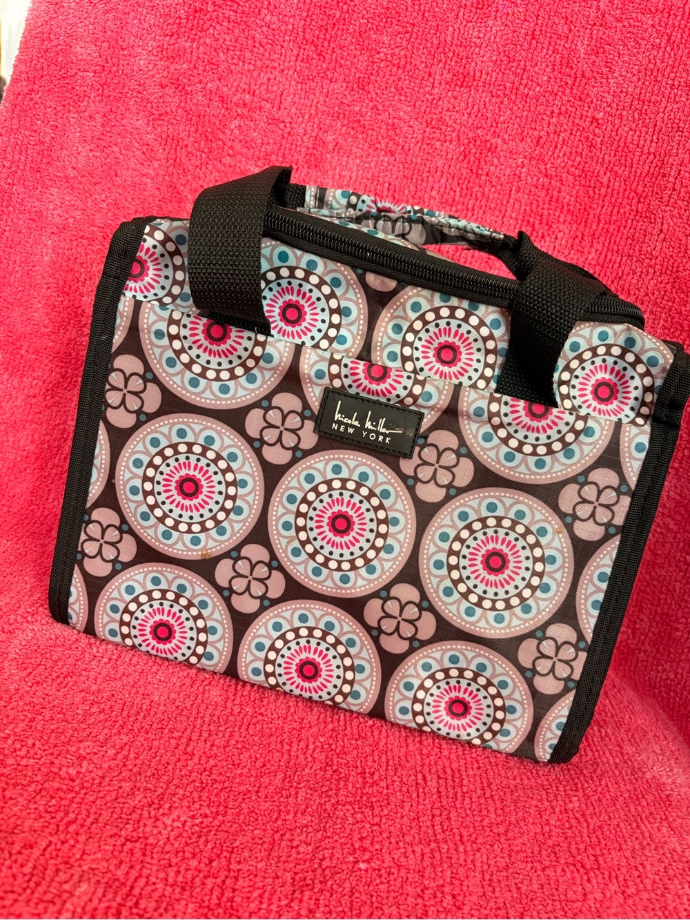 Nicole Miller Pink, Teal and Brown Patterned Cosmetic/Lunch Bag